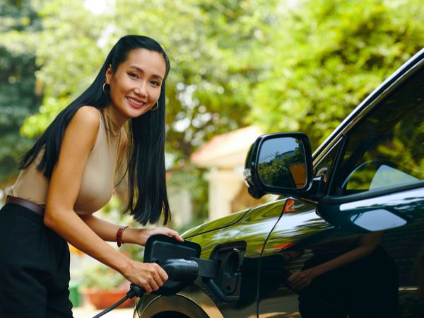 Woman with an eco-friendly car